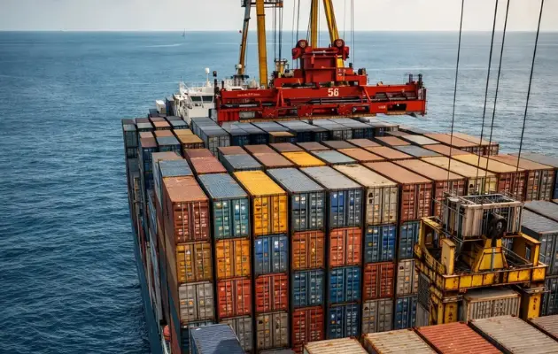 Containers being loaded onto cargo ship for sea freight transport