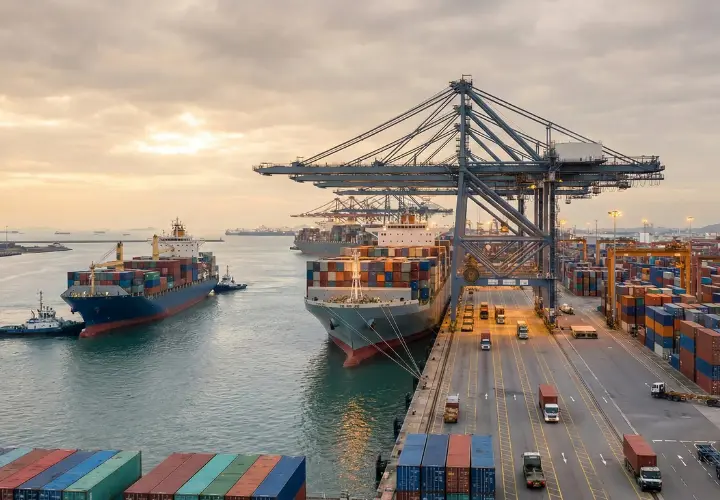 Container ships docked at major port for export shipping