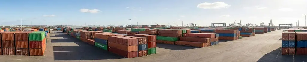 Container yard with stacked shipping containers at logistics terminal