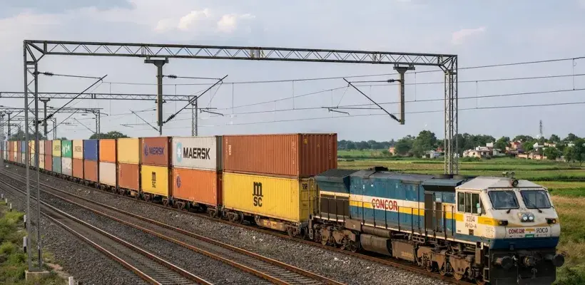 Double stack train carrying stacked shipping containers on rail network