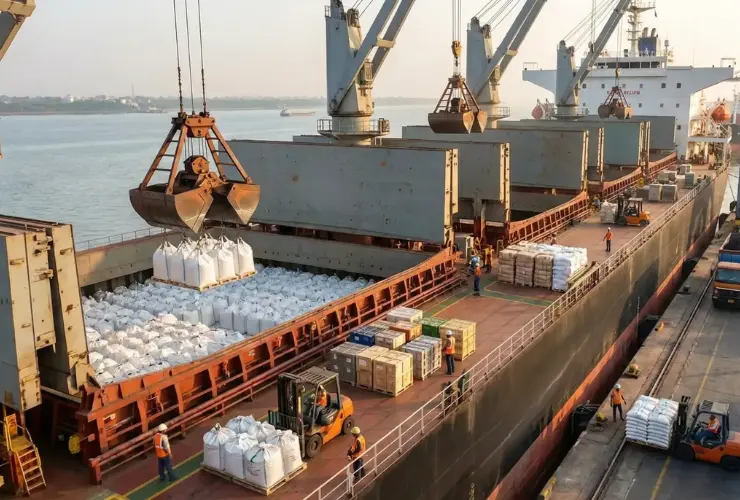 Loose cargo handling at port for bulk cargo shipping and maritime logistics