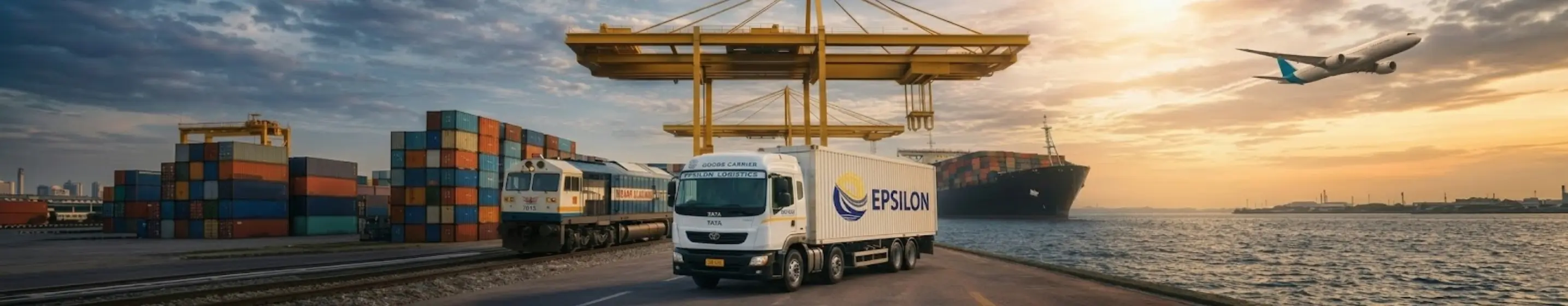 Multimodal logistics with container ship, rail freight, road transport, and air cargo