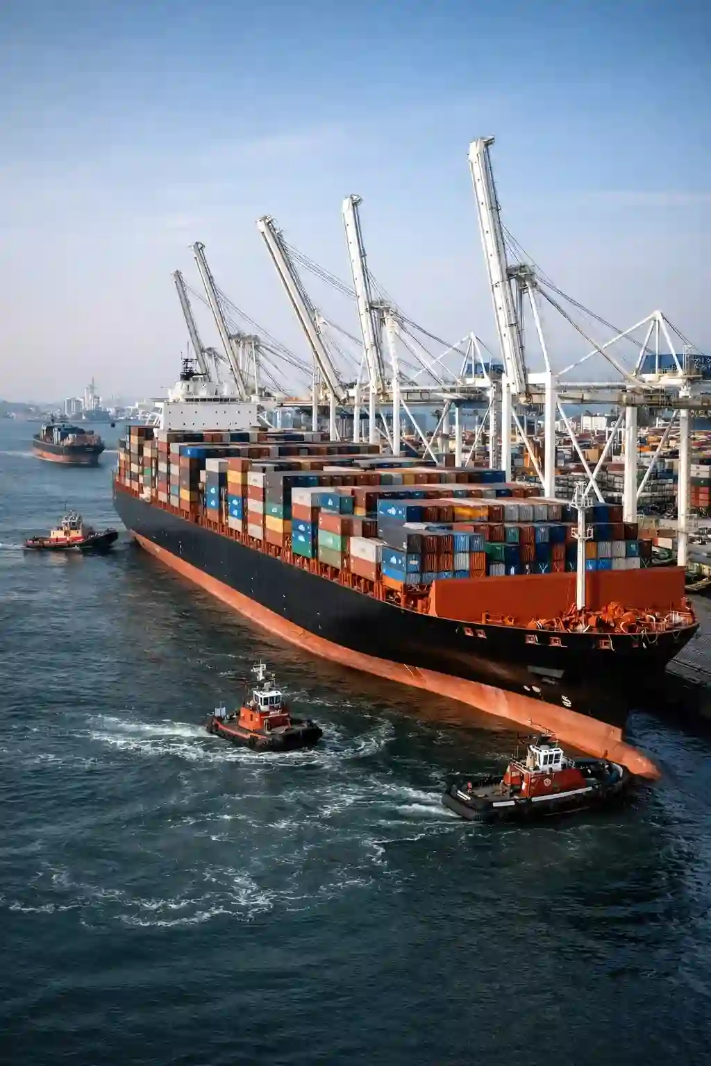 Container vessel docked at port for cargo loading and unloading