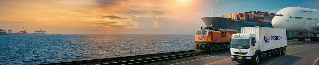 Multimodal transportation with container ship, rail freight, road transport, and air cargo