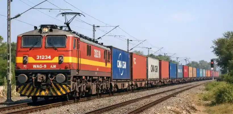 Rail freight train transporting shipping containers across railway network